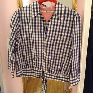 Tommy Hilfiger Blue White Gingham Shirt Crop Top Blouse Tie at the Bottom Size 8